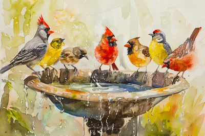 Watercolor Painting Of Various Birds At A Birdbath