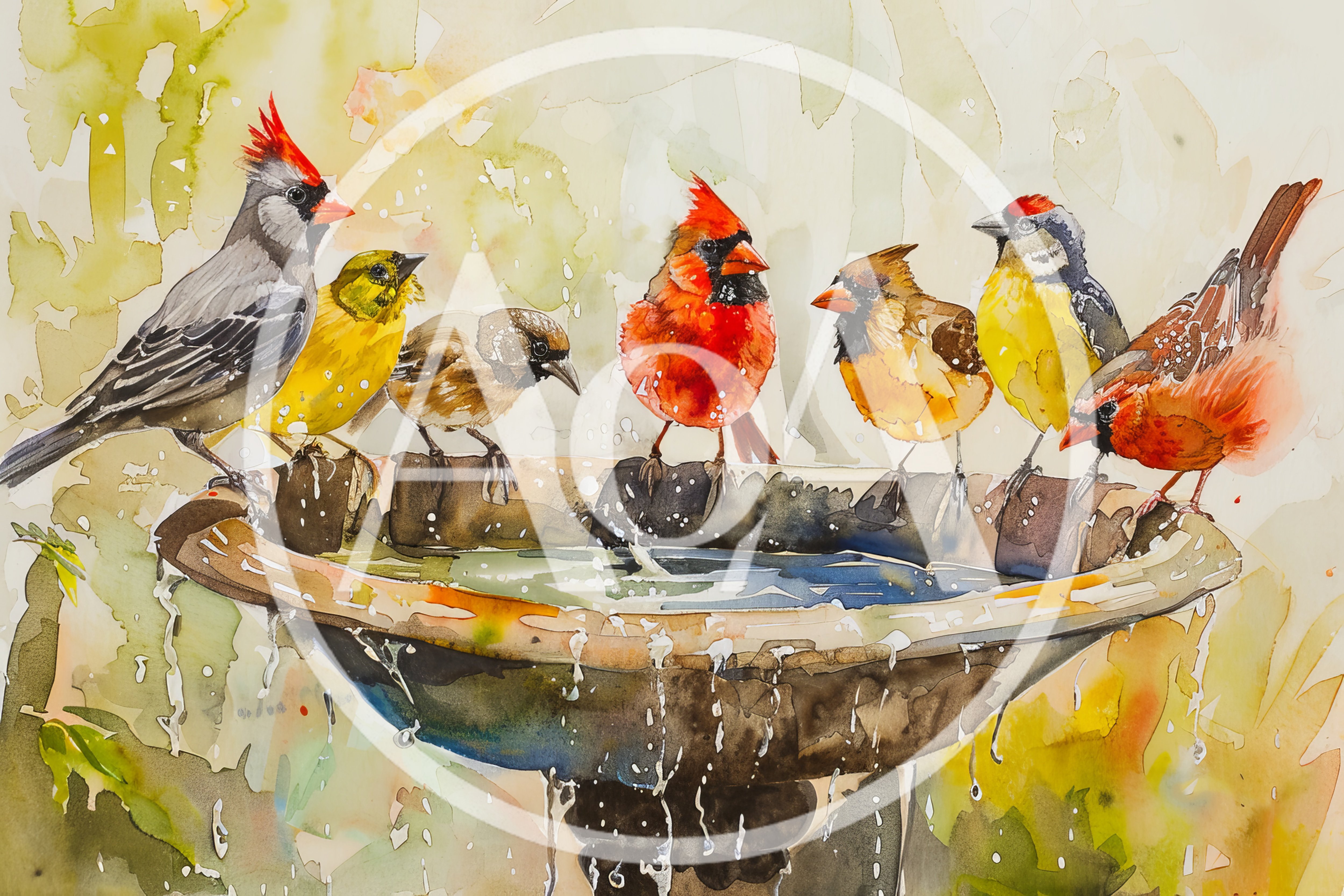 Watercolor Painting Of Various Birds At A Birdbath