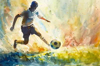 Watercolor Illustration Of A Soccer Player Kicking A Ball