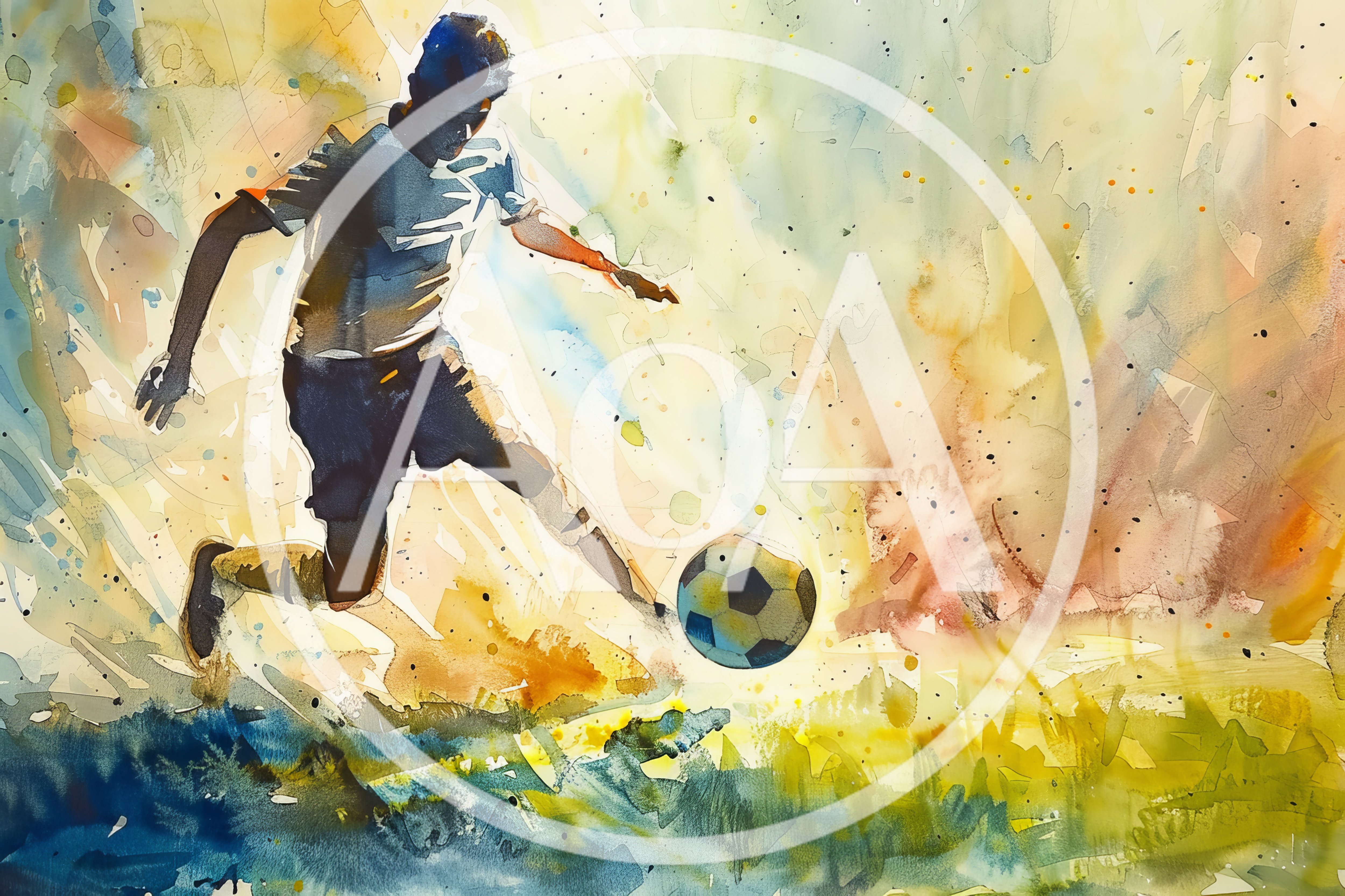 Watercolor Illustration Of A Soccer Player Kicking A Ball