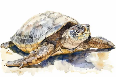 Watercolor Illustration Of A Sea Turtle On Sand