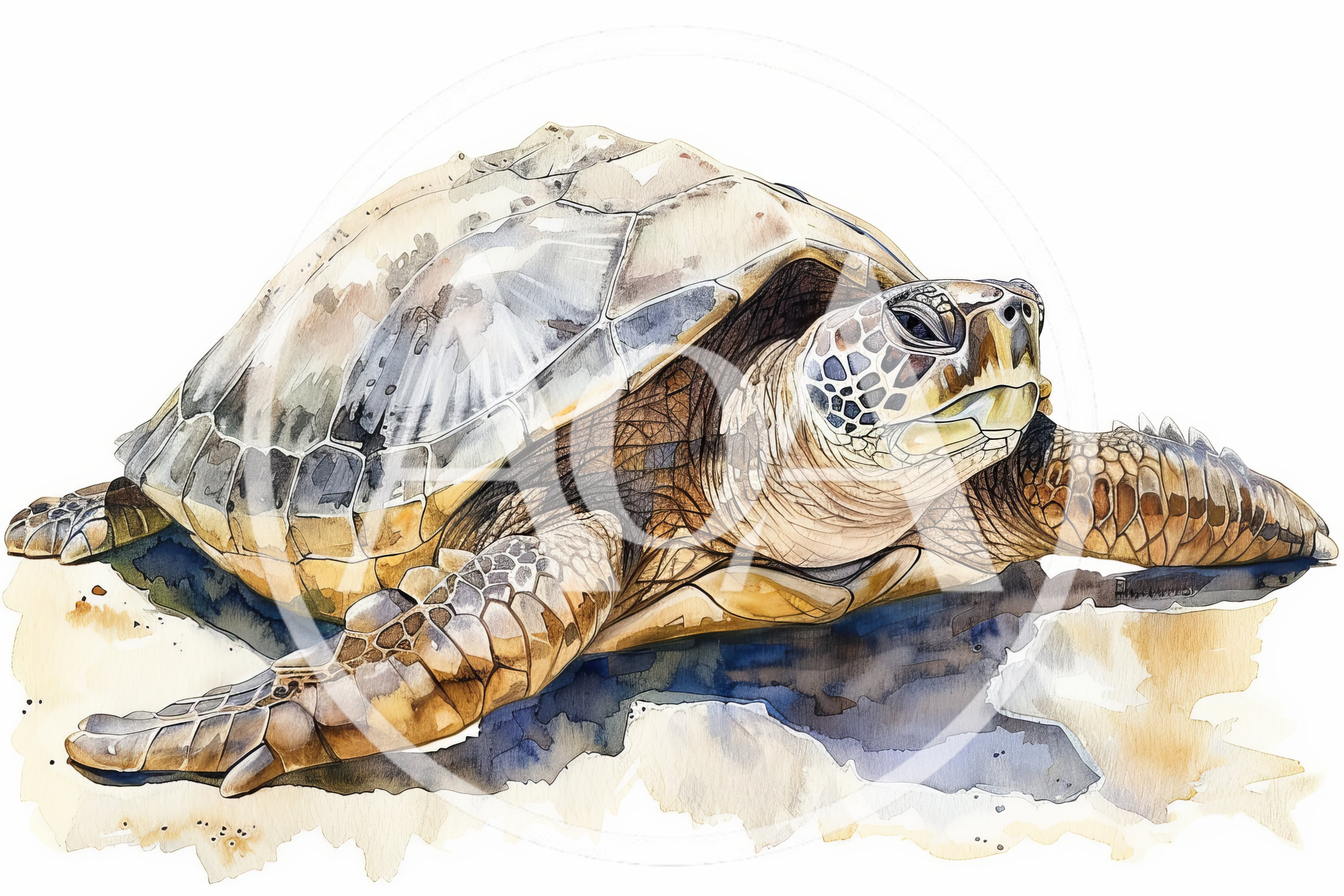 Watercolor Illustration Of A Sea Turtle On Sand