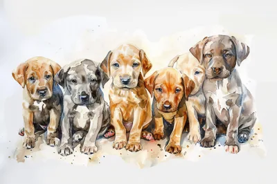 Watercolor Illustration Of Six Adorable Puppy Dogs