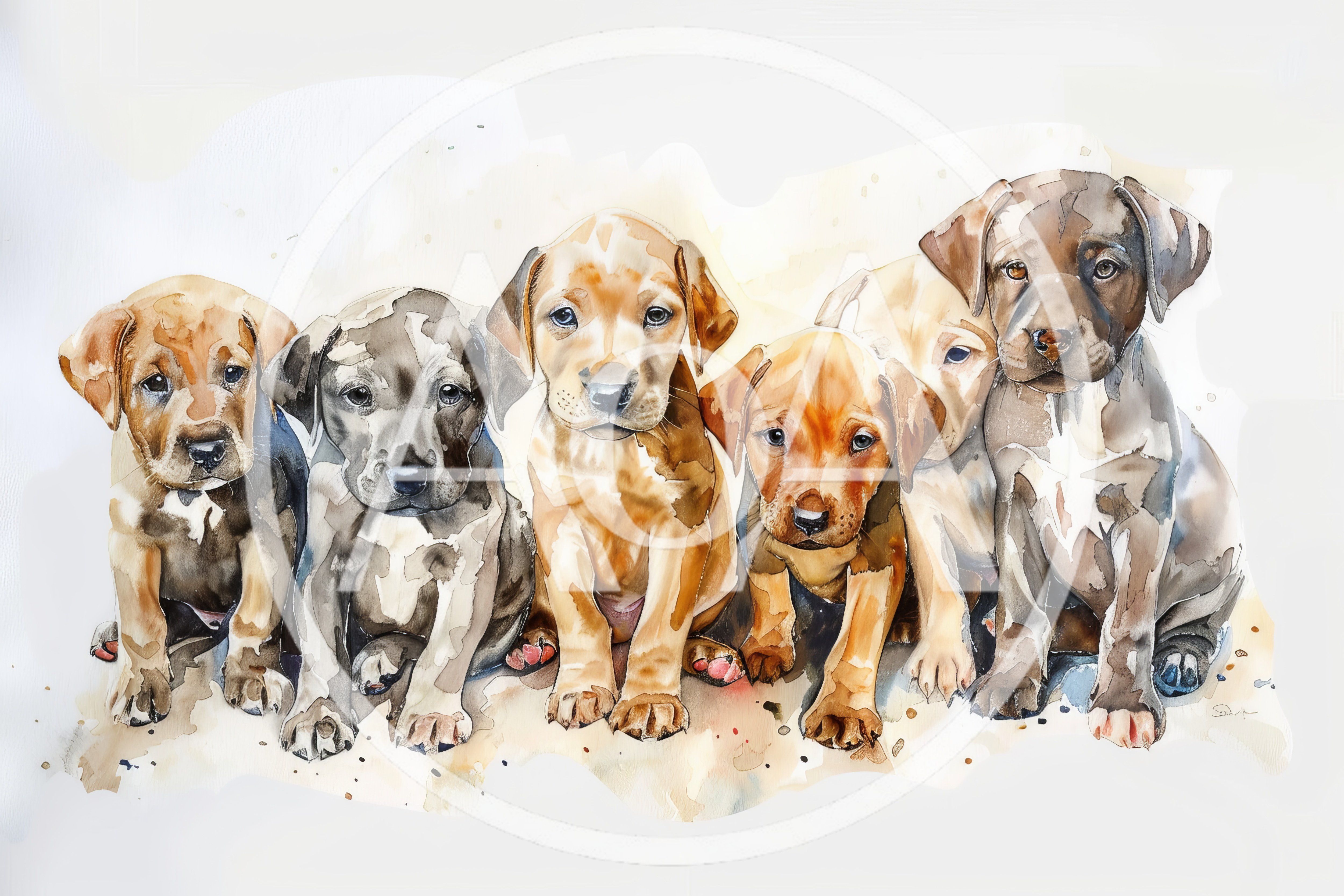 Watercolor Illustration Of Six Adorable Puppy Dogs
