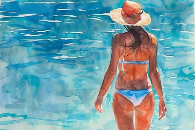 Watercolor Painting Of A Woman Walking In The Ocean