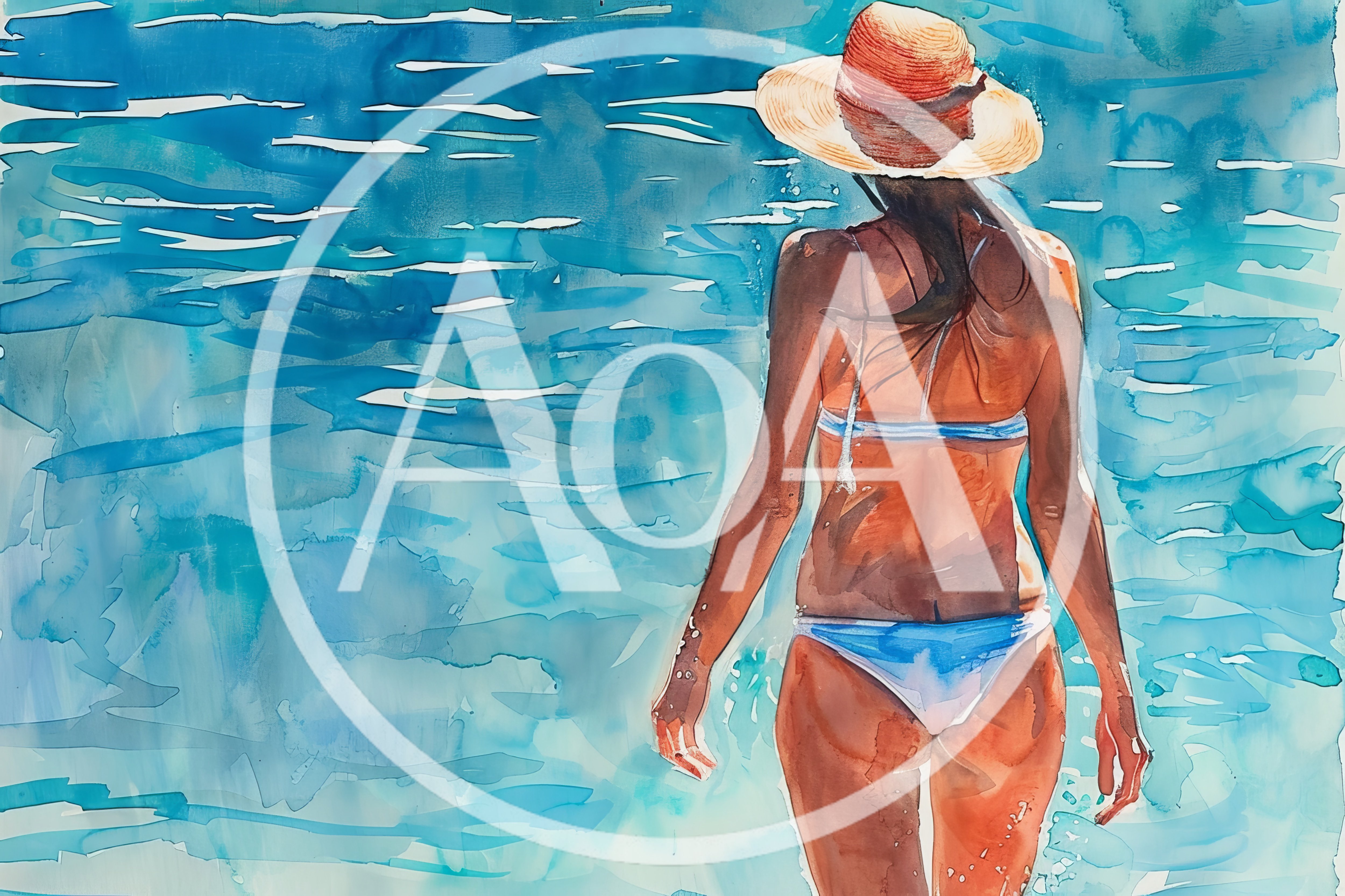 Watercolor Painting Of A Woman Walking In The Ocean