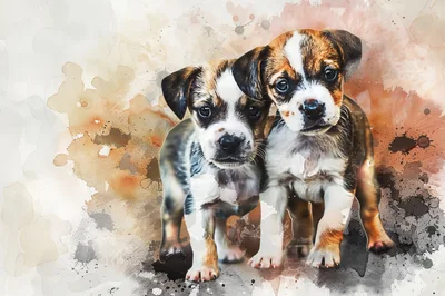 Two Adorable Puppies With Watercolor Artistic Effect