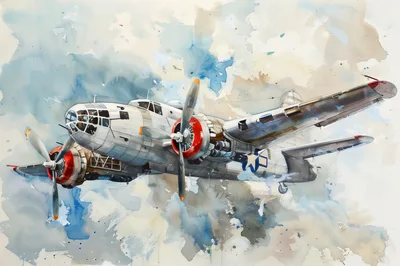 Watercolor Painting Of A Vintage B-25 Mitchell Bomber