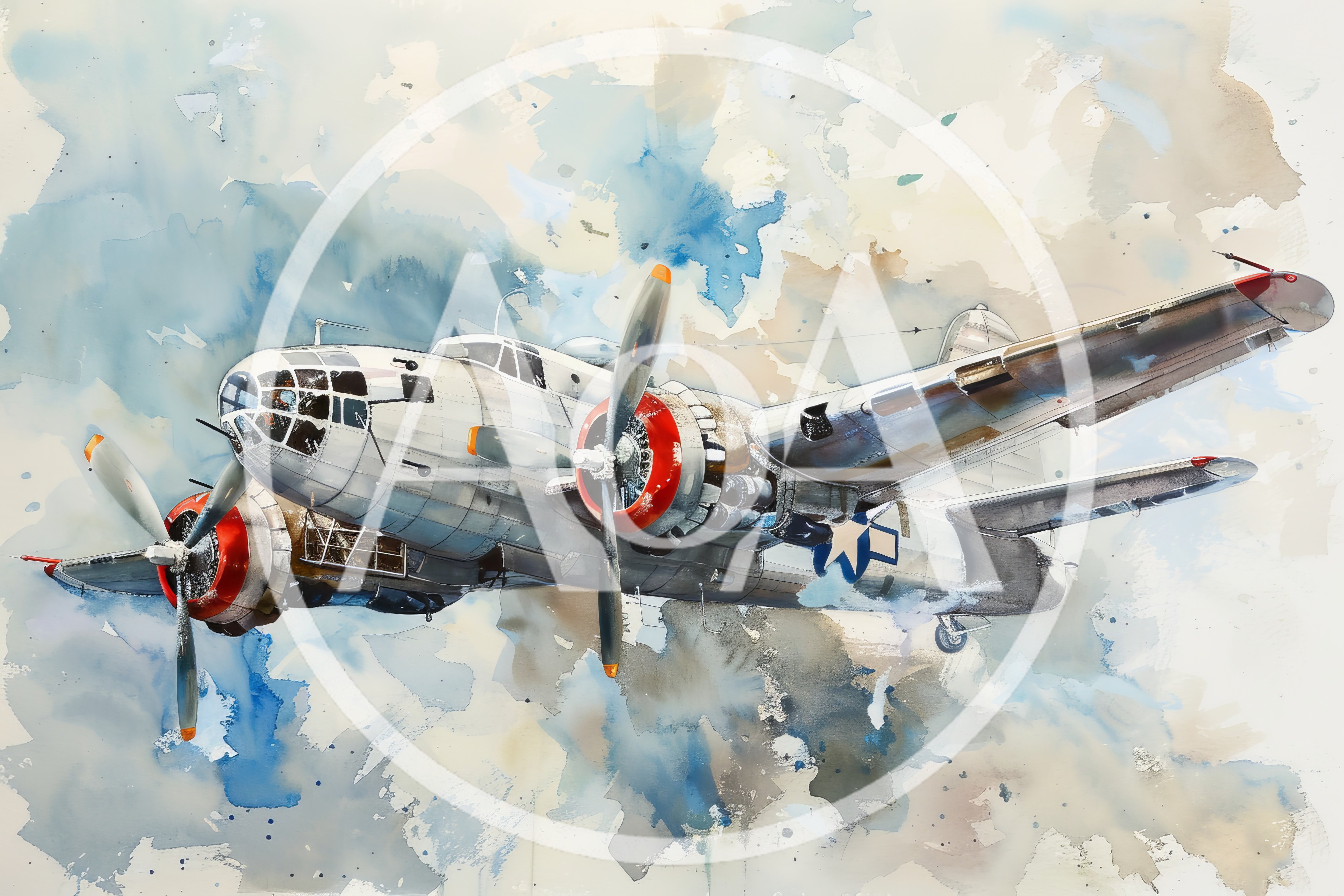 Watercolor Painting Of A Vintage B-25 Mitchell Bomber