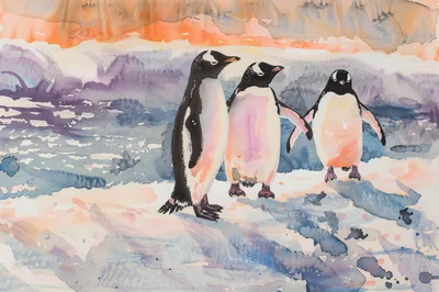 Watercolor Painting Of Three Penguins On Ice