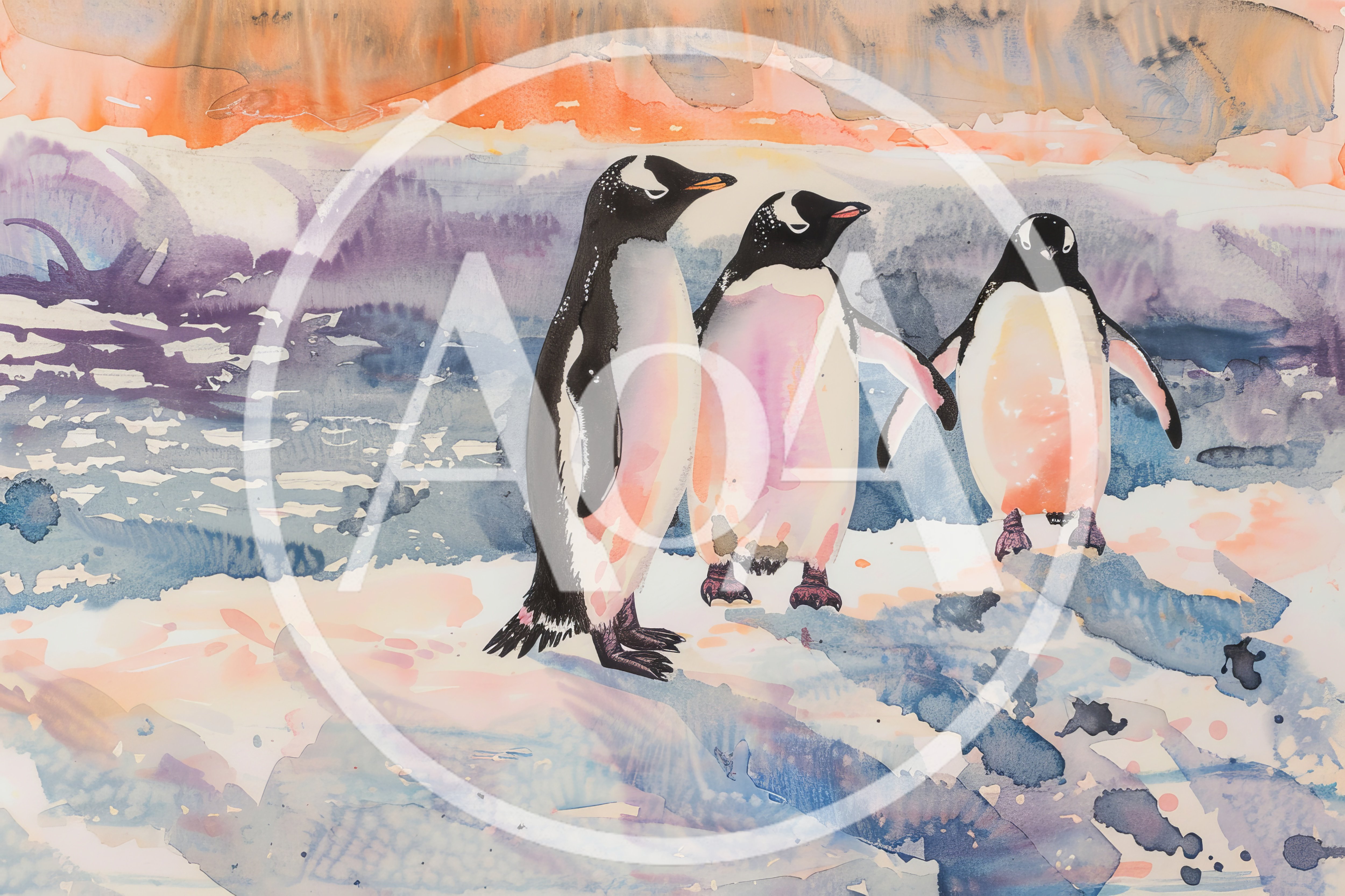 Watercolor Painting Of Three Penguins On Ice