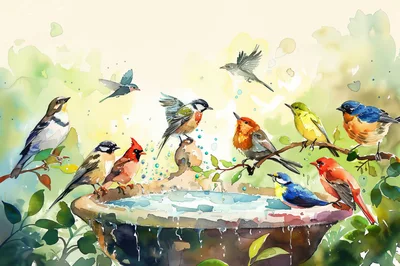 Watercolor Illustration Of Various Birds At A Birdbath