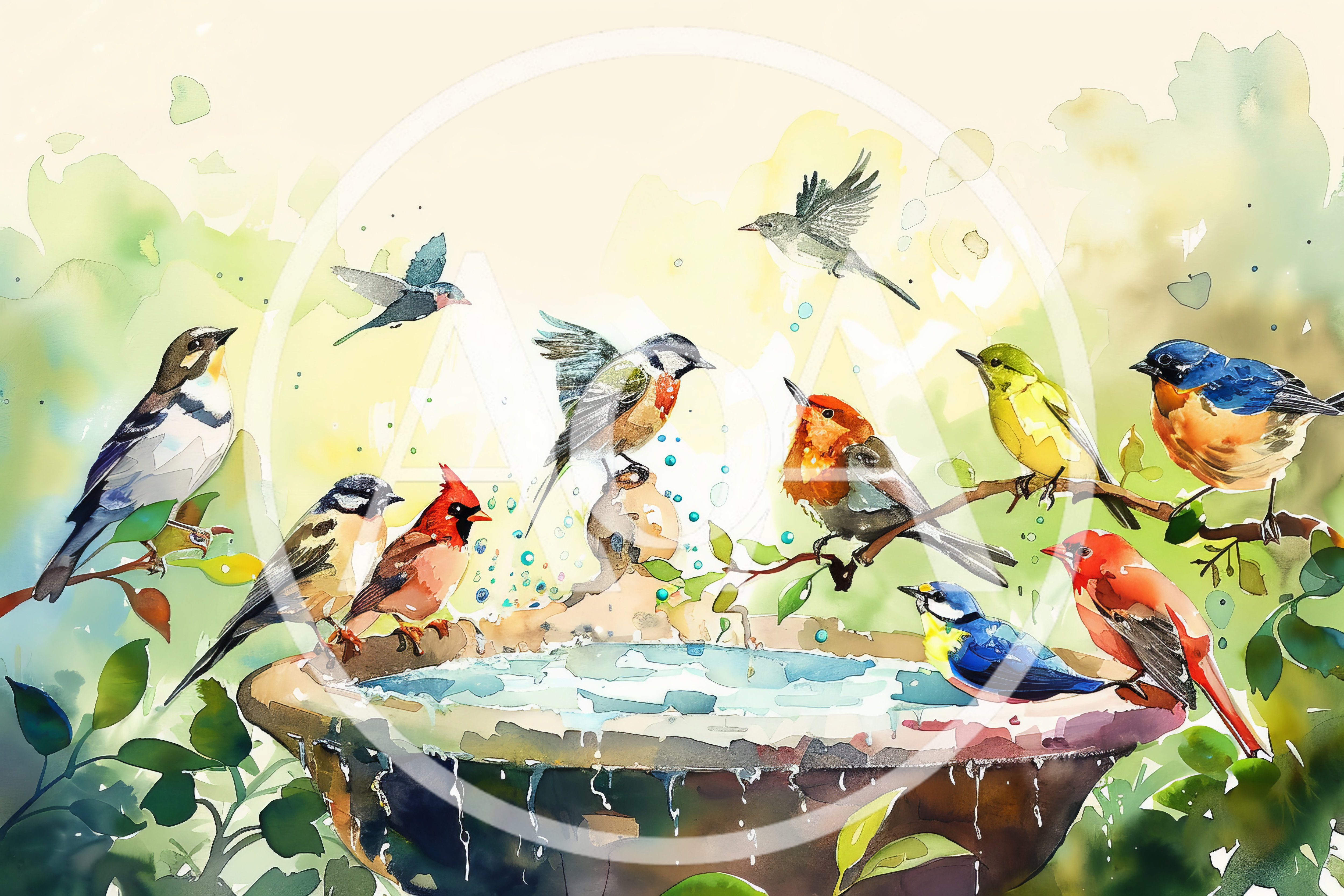 Watercolor Illustration Of Various Birds At A Birdbath