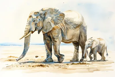Watercolor Illustration Of An Adult Elephant And Calf