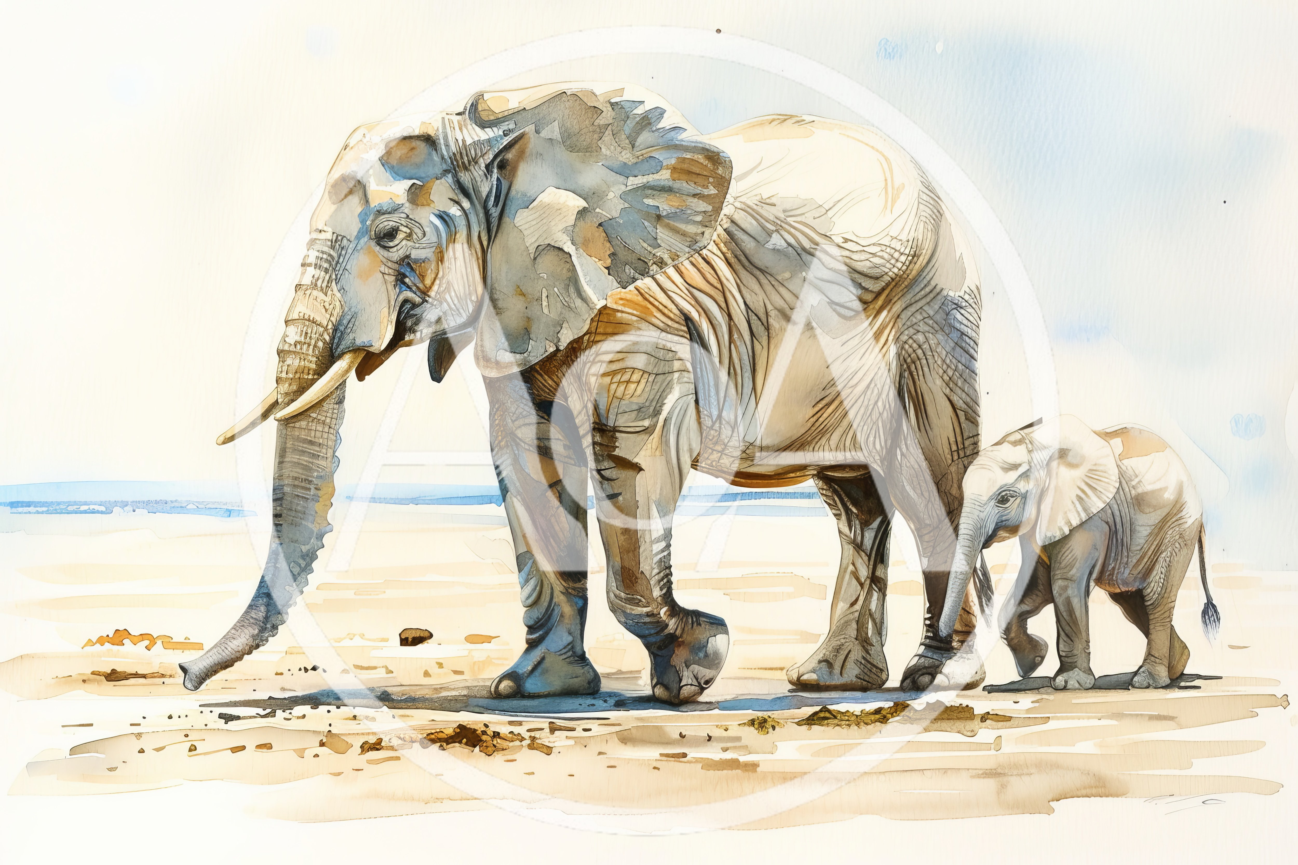 Watercolor Illustration Of An Adult Elephant And Calf