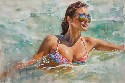 Woman Wearing Sunglasses Swimming In Tropical Ocean Water