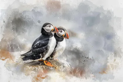 Two Atlantic Puffins Perched On A Rocky Cliff