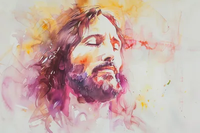 Watercolor Portrait Of Jesus Christ With Closed Eyes