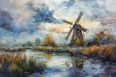 Watercolor Painting Of A Traditional Dutch Windmill Landscape