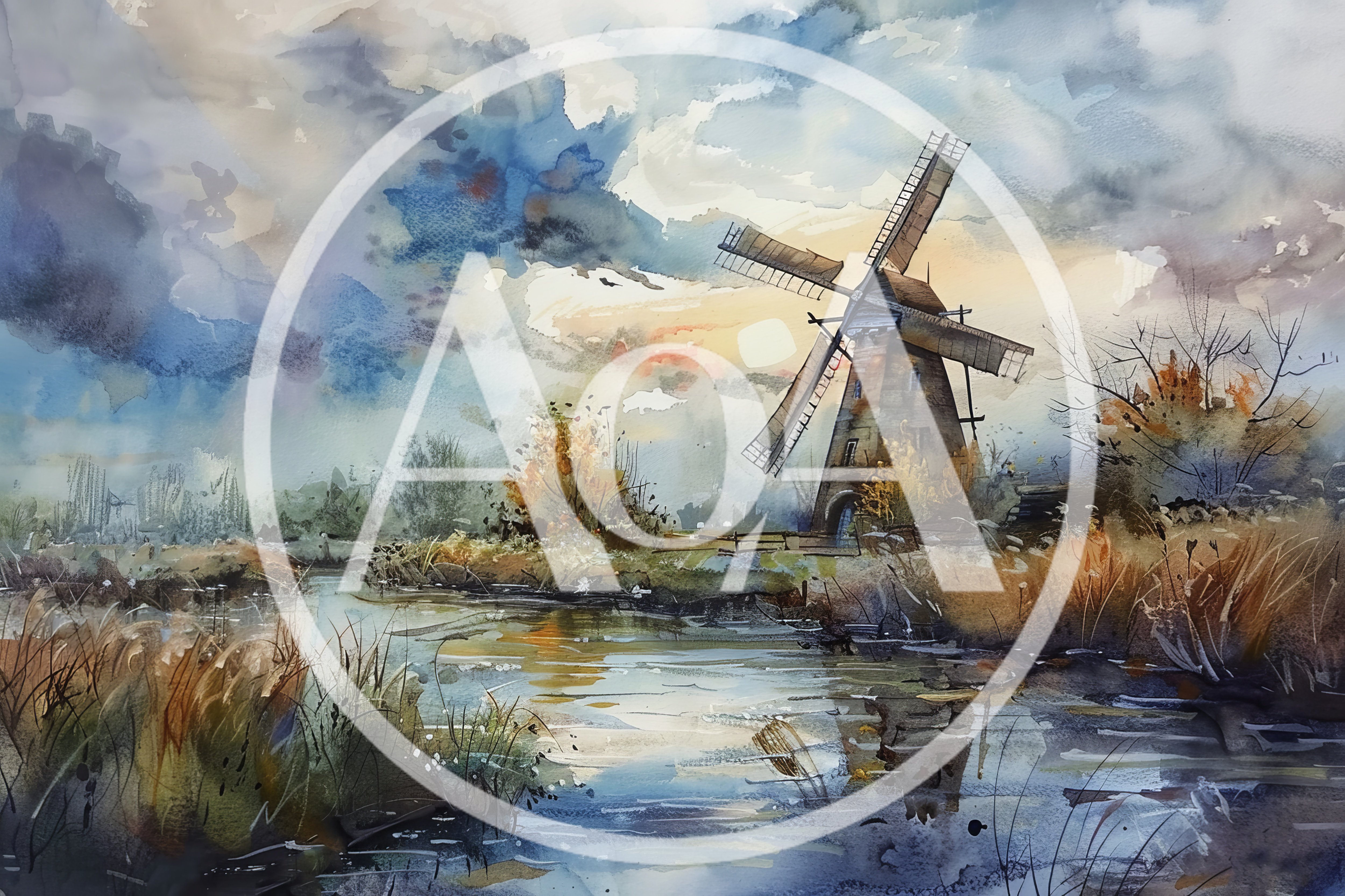 Watercolor Painting Of A Traditional Dutch Windmill Landscape