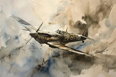 Watercolor Painting Of A Vintage Supermarine Spitfire Fighter Plane