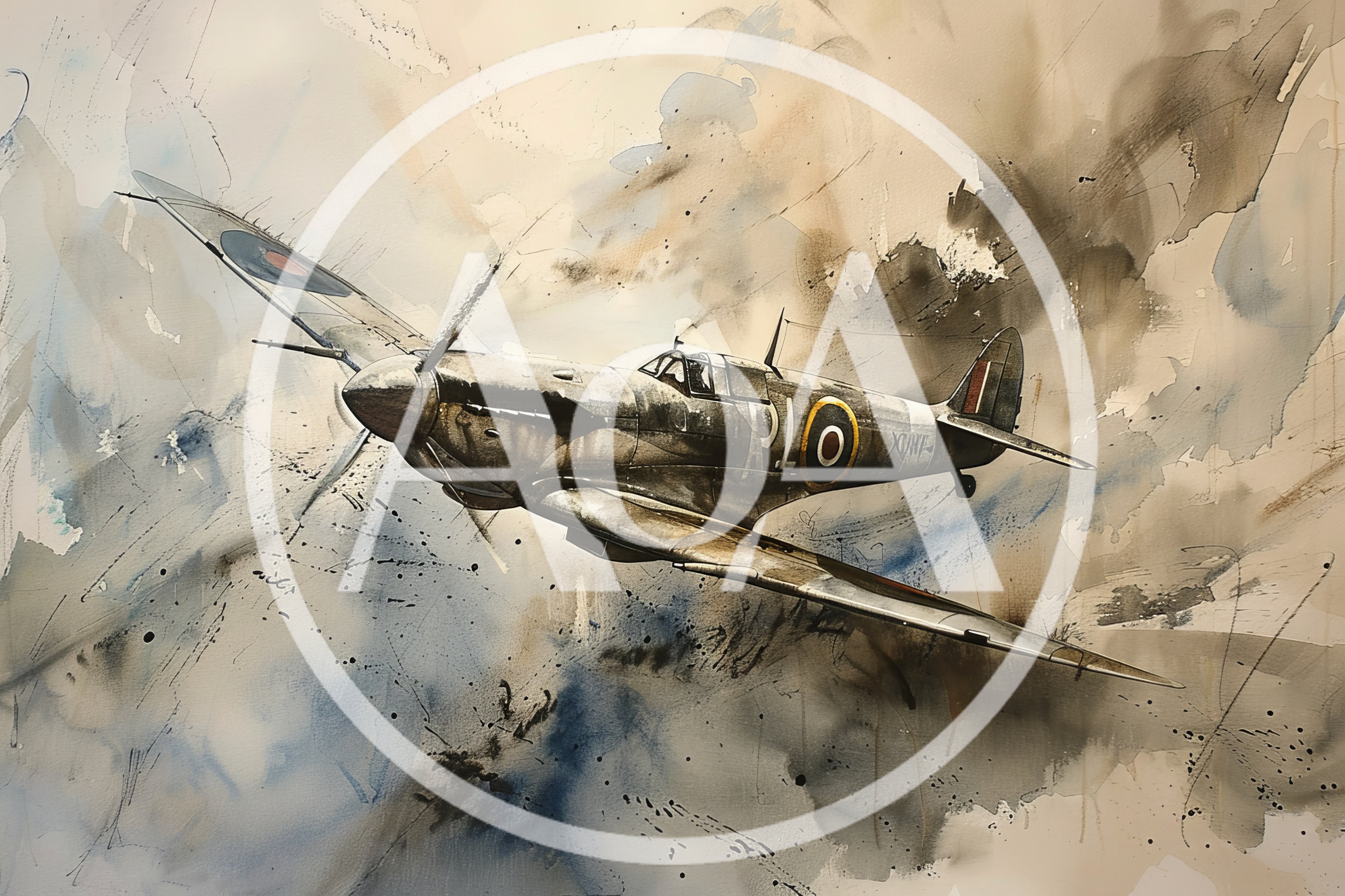 Watercolor Painting Of A Vintage Supermarine Spitfire Fighter Plane