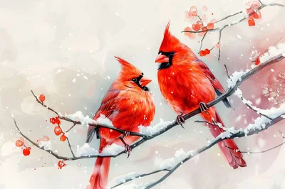 Two Vibrant Red Cardinals Perched On Snowy Winter Branches