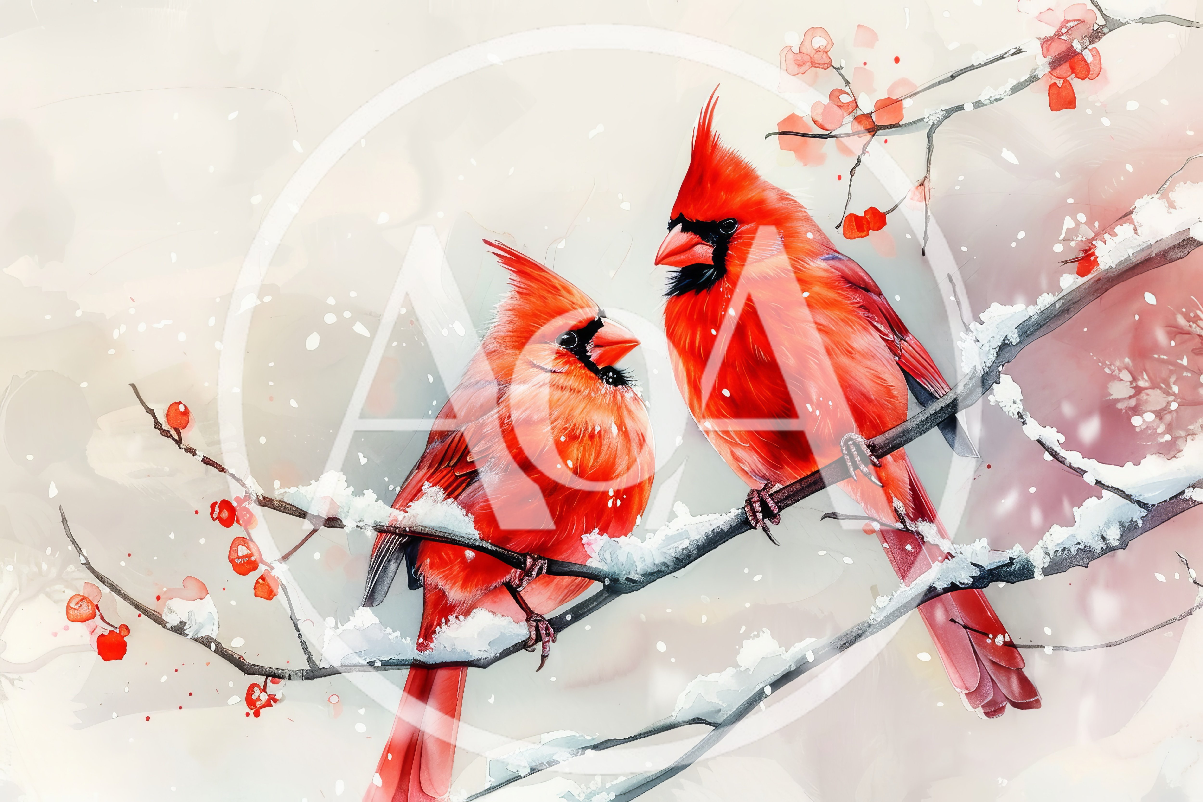 Two Vibrant Red Cardinals Perched On Snowy Winter Branches