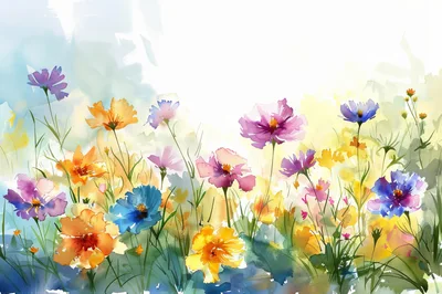 Watercolor Painting Of Vibrant Wildflowers In A Meadow