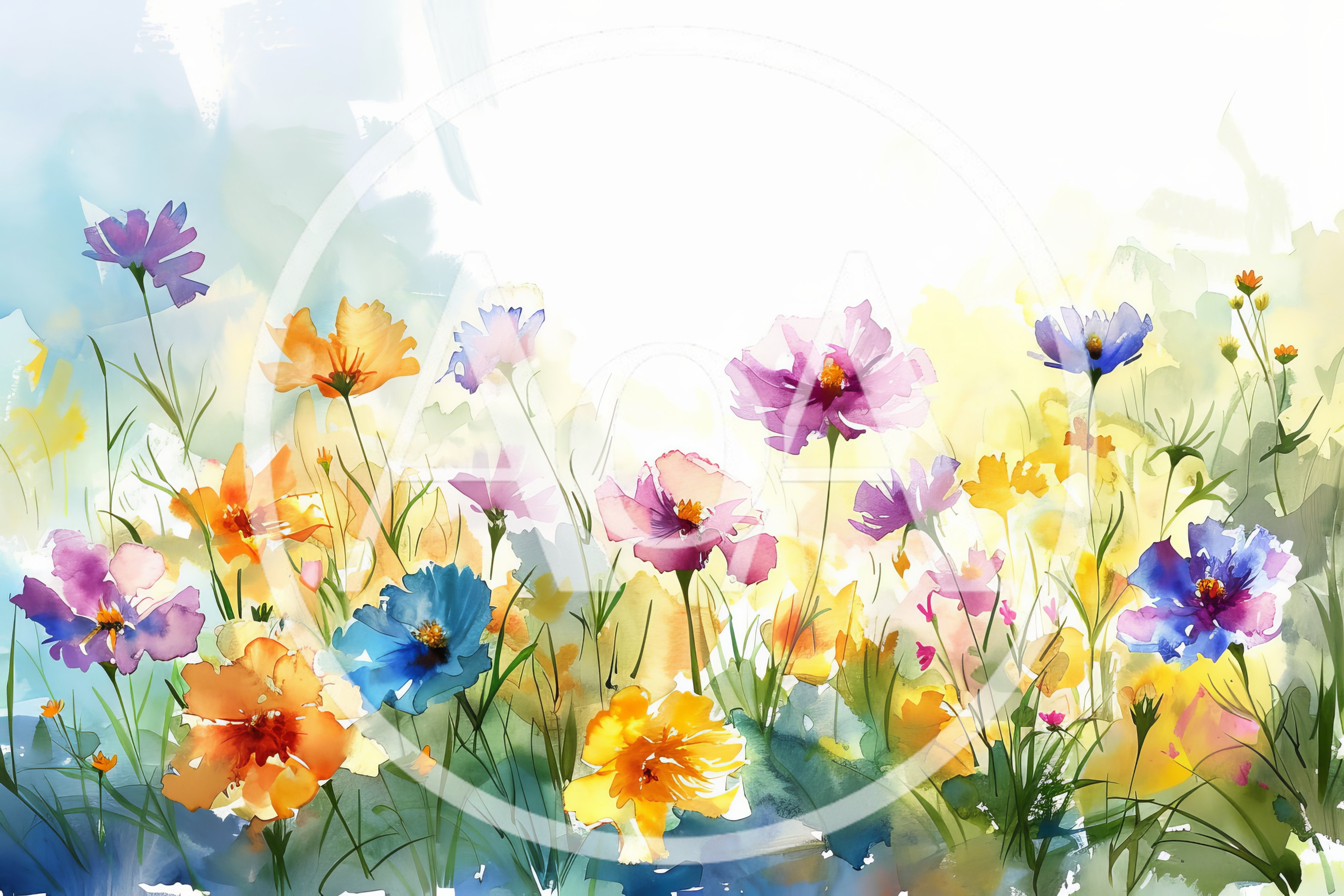 Watercolor Painting Of Vibrant Wildflowers In A Meadow