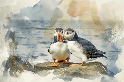 Two Atlantic Puffins Standing Together On A Rock