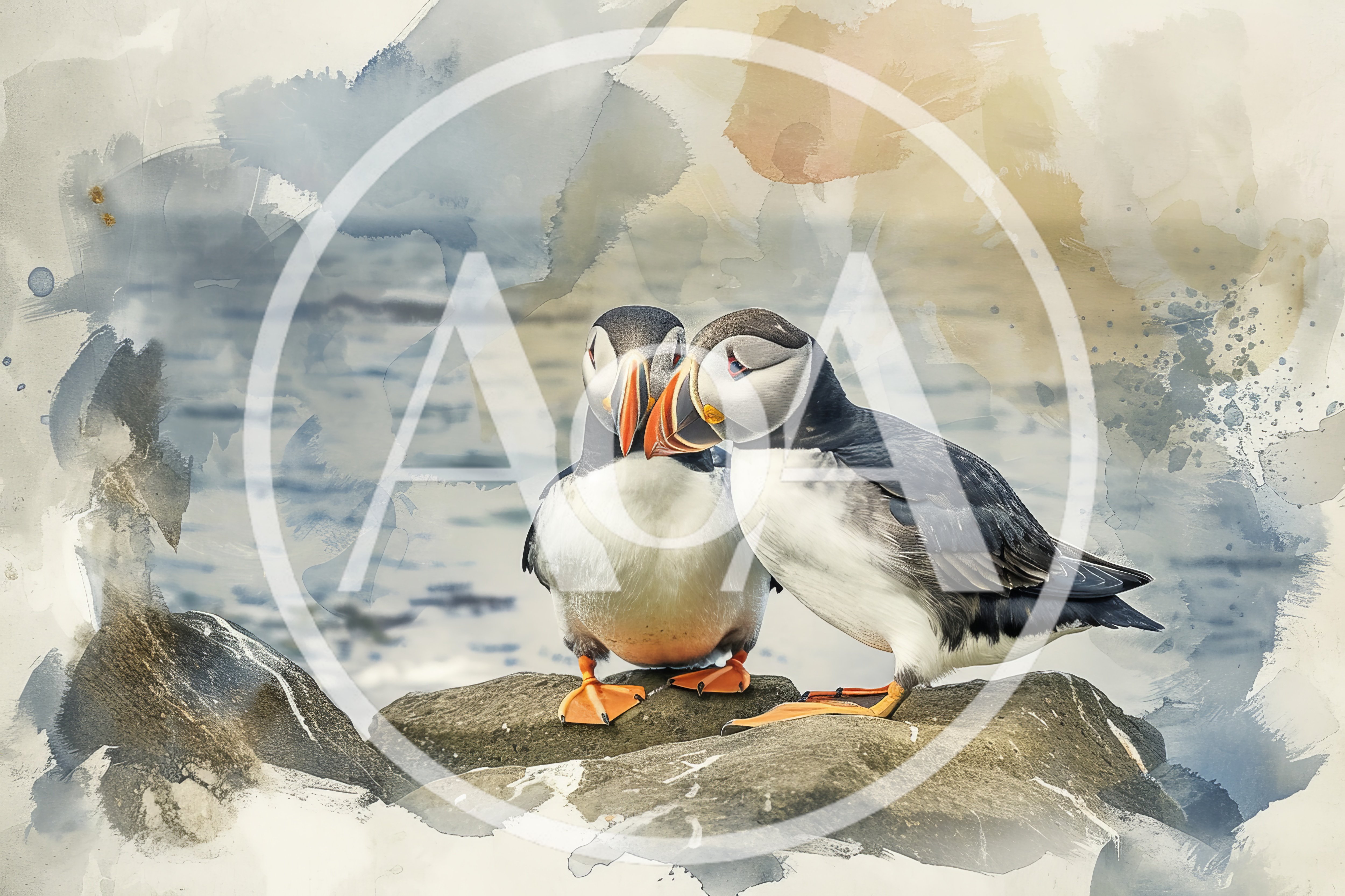Two Atlantic Puffins Standing Together On A Rock