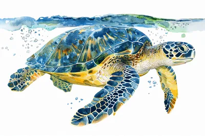 Watercolor Illustration Of A Sea Turtle Swimming