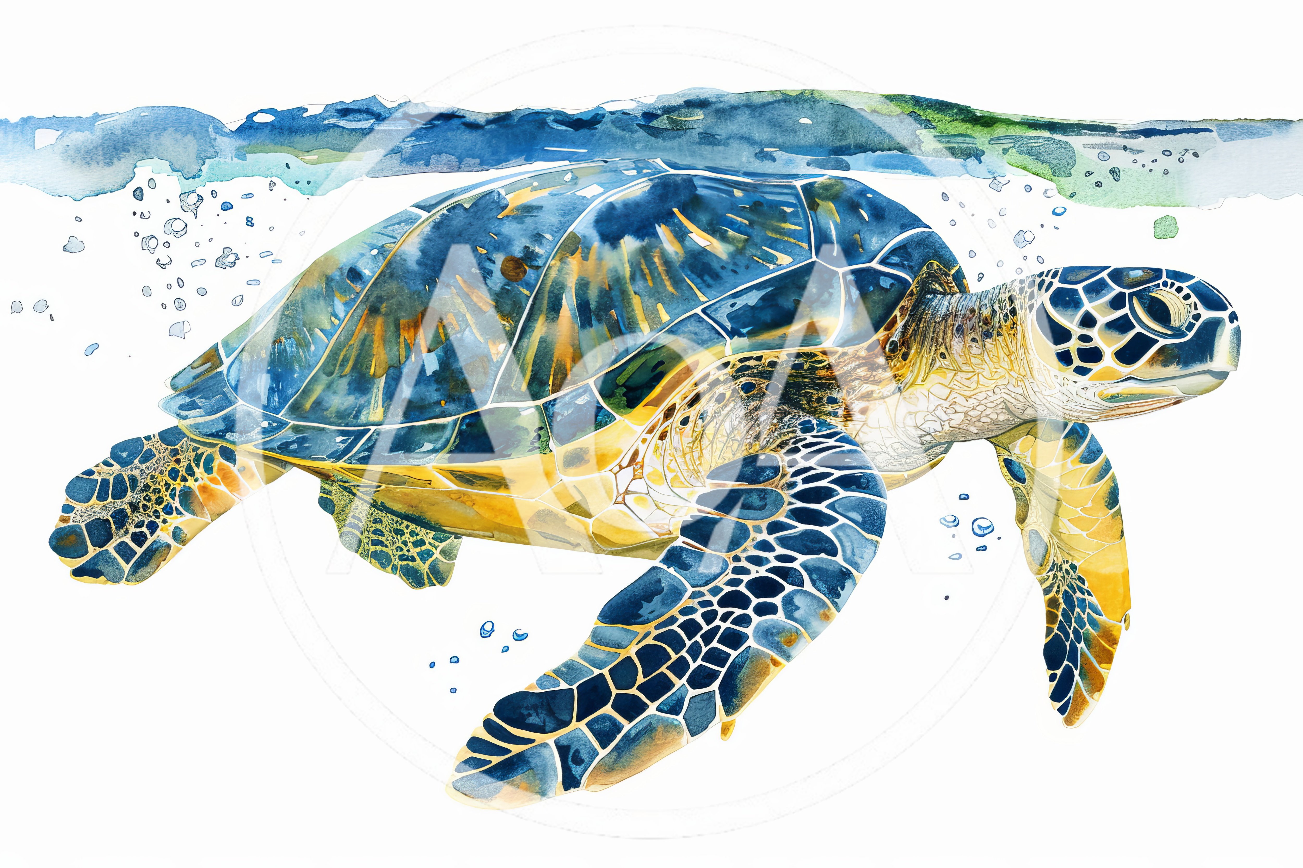 Watercolor Illustration Of A Sea Turtle Swimming