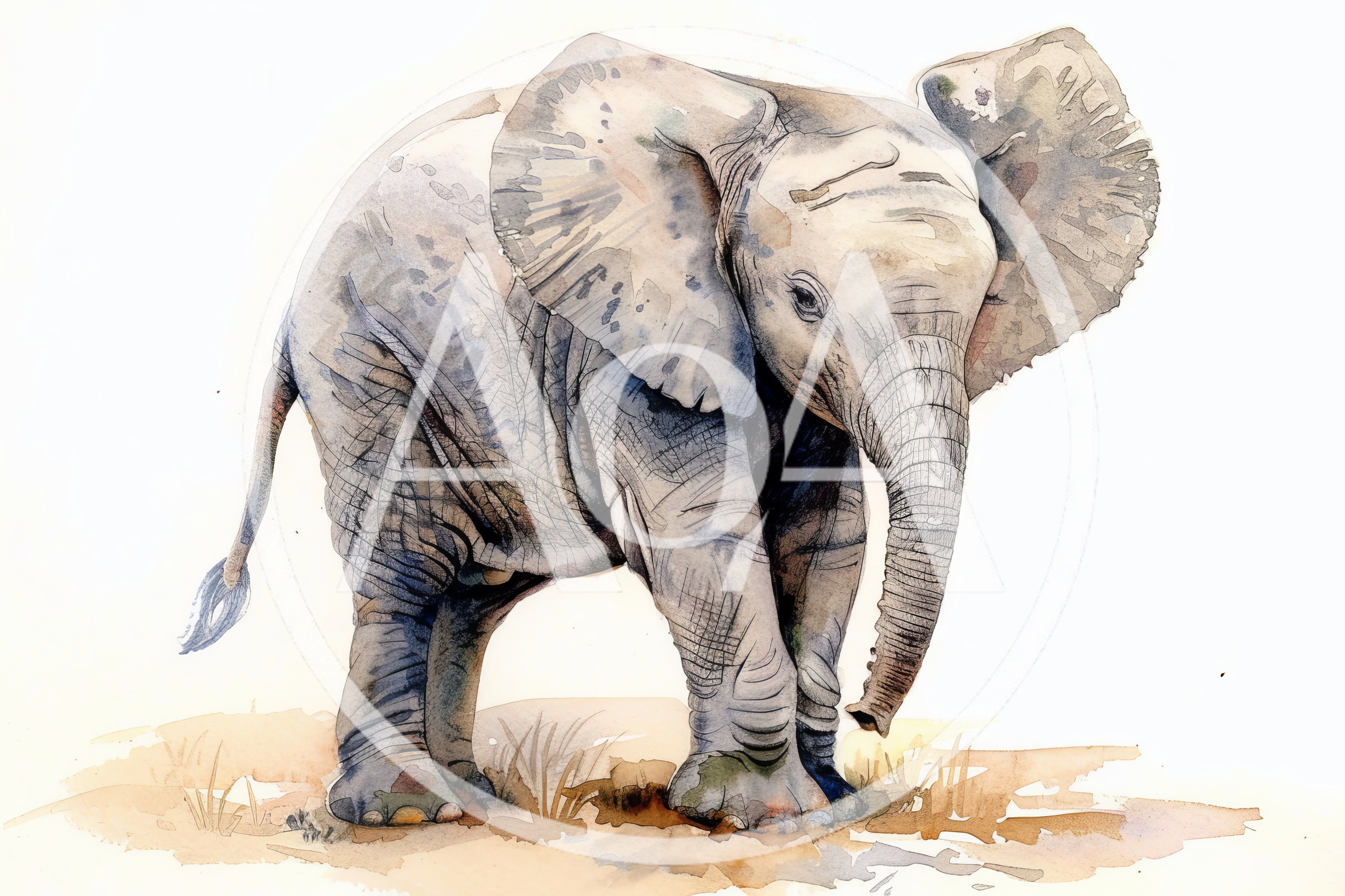 Watercolor Illustration Of A Young African Elephant