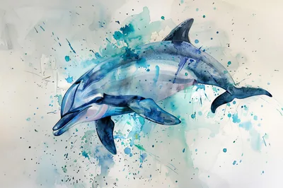 Watercolor Illustration Of A Swimming Dolphin