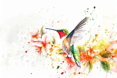 Watercolor Illustration of a Hummingbird Among Tropical Flowers