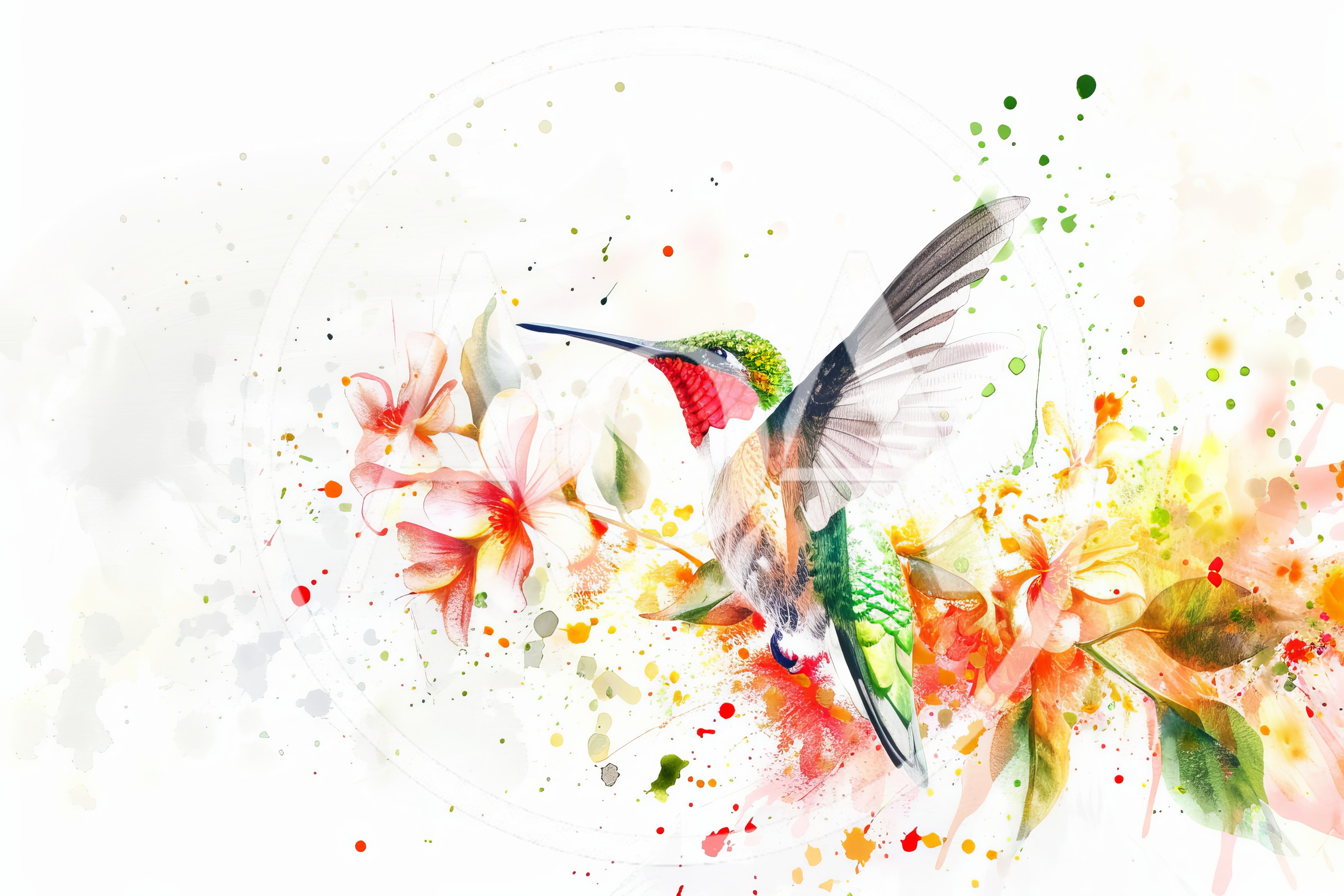 Watercolor Illustration of a Hummingbird Among Tropical Flowers