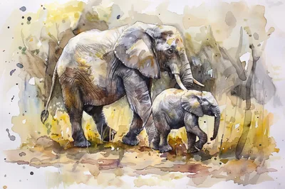 Watercolor Painting Of An Elephant And Her Calf
