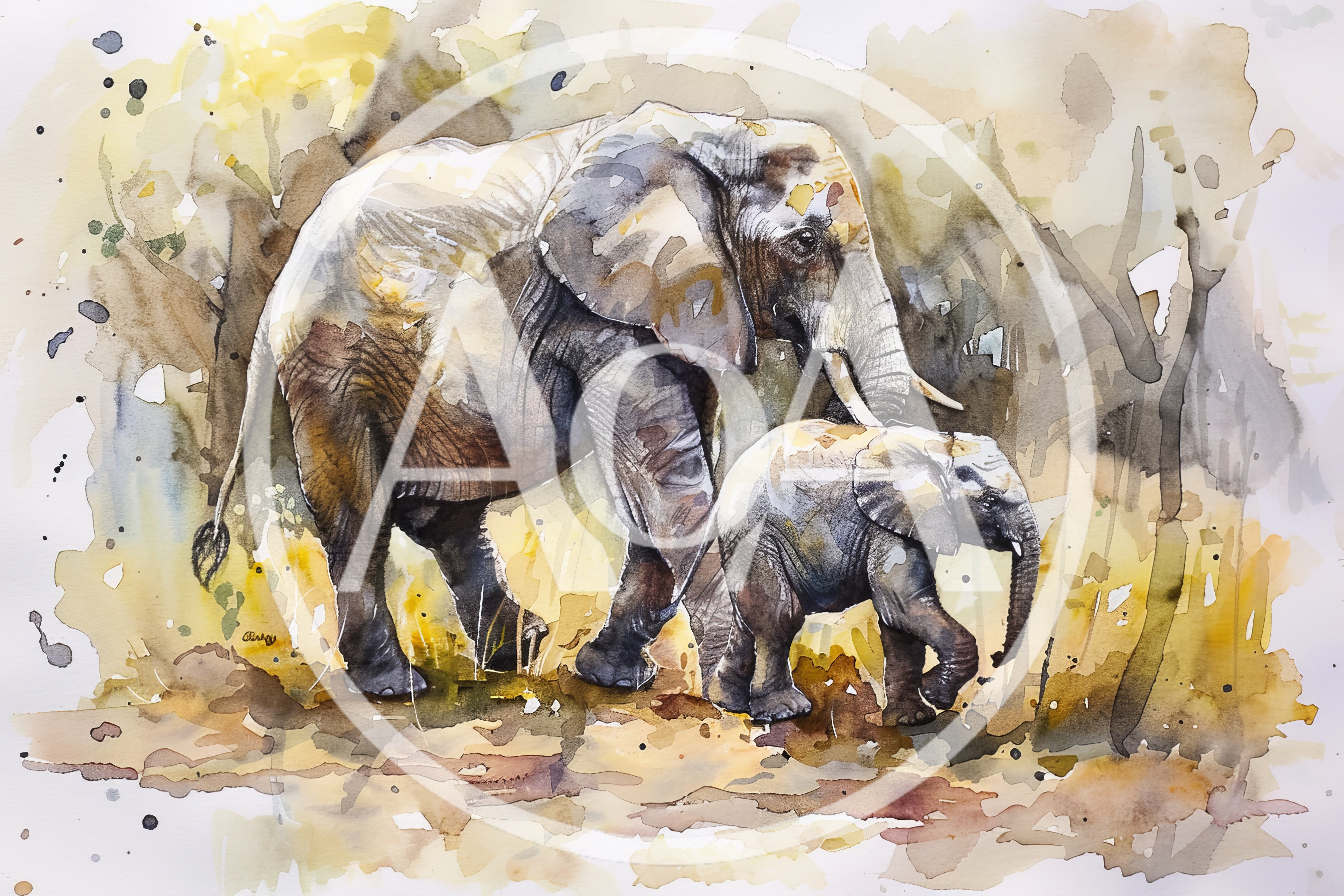Watercolor Painting Of An Elephant And Her Calf