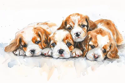 Watercolor Illustration Of Three Cute Cavalier Puppies