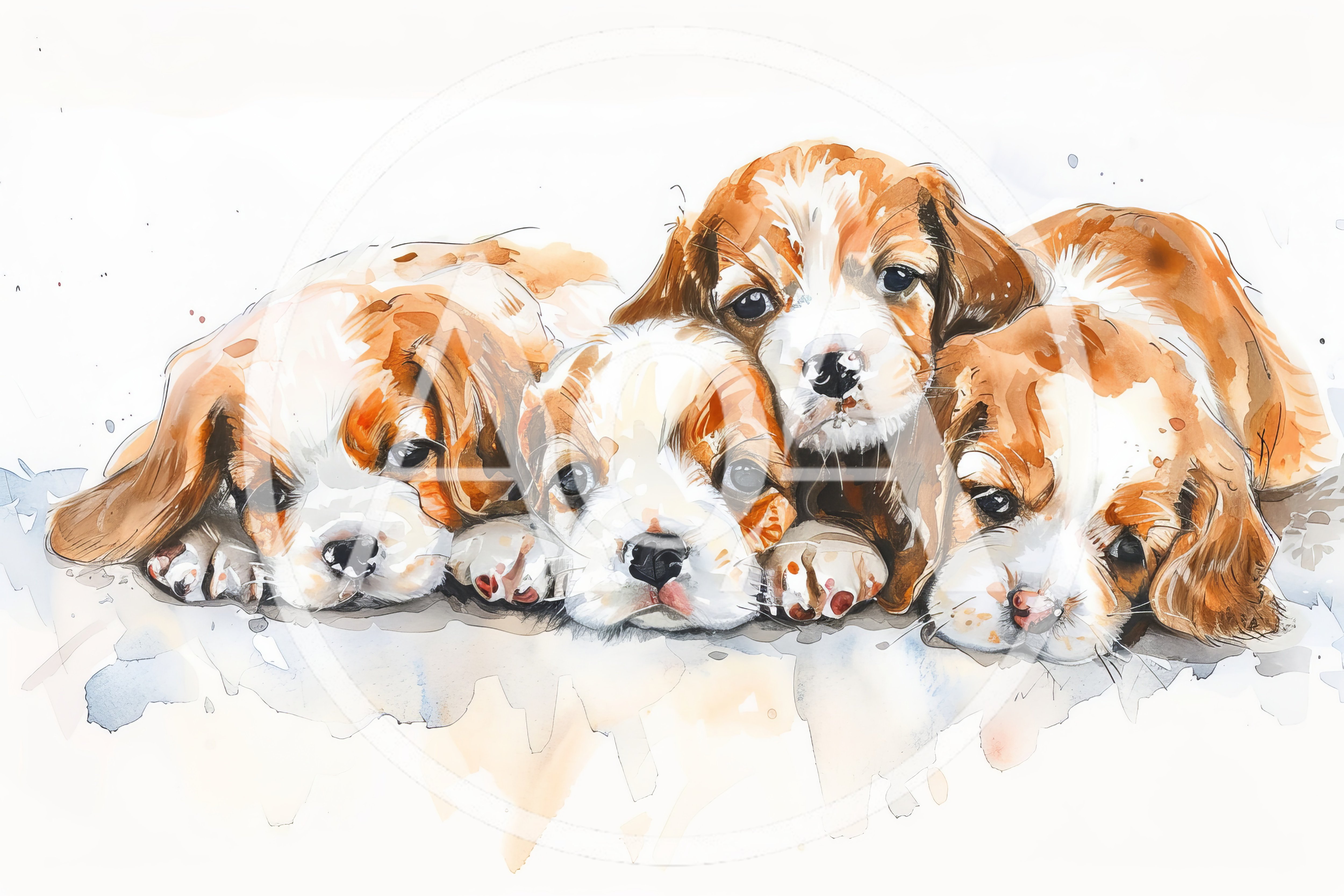 Watercolor Illustration Of Three Cute Cavalier Puppies