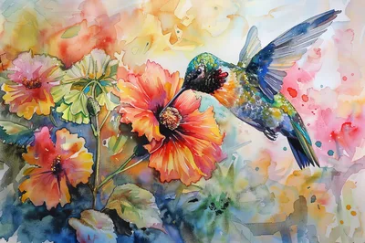 Watercolor Painting Of A Hummingbird Feeding On Flowers