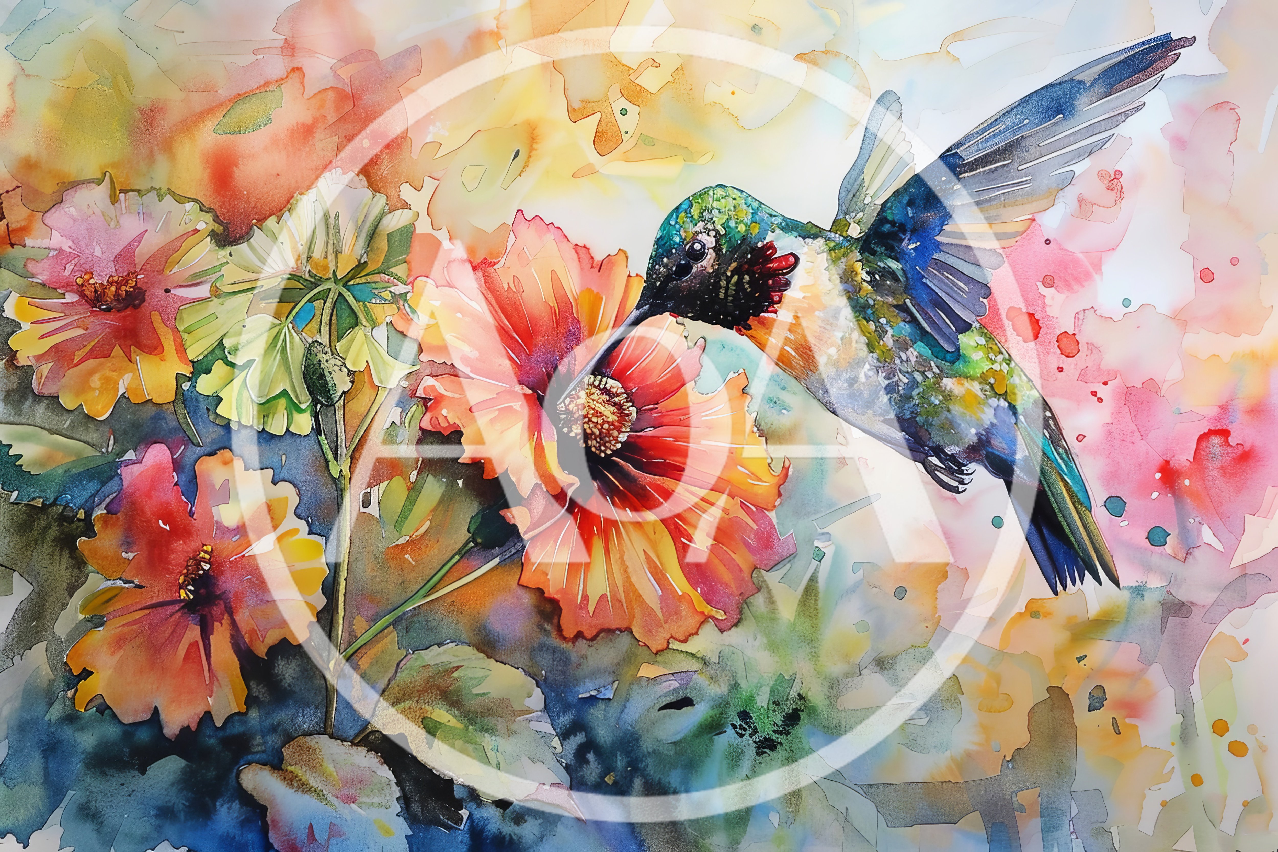 Watercolor Painting Of A Hummingbird Feeding On Flowers