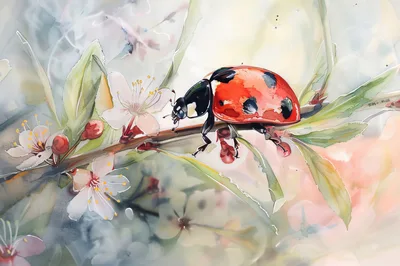 Watercolor Illustration Of A Ladybug On A Flowering Branch