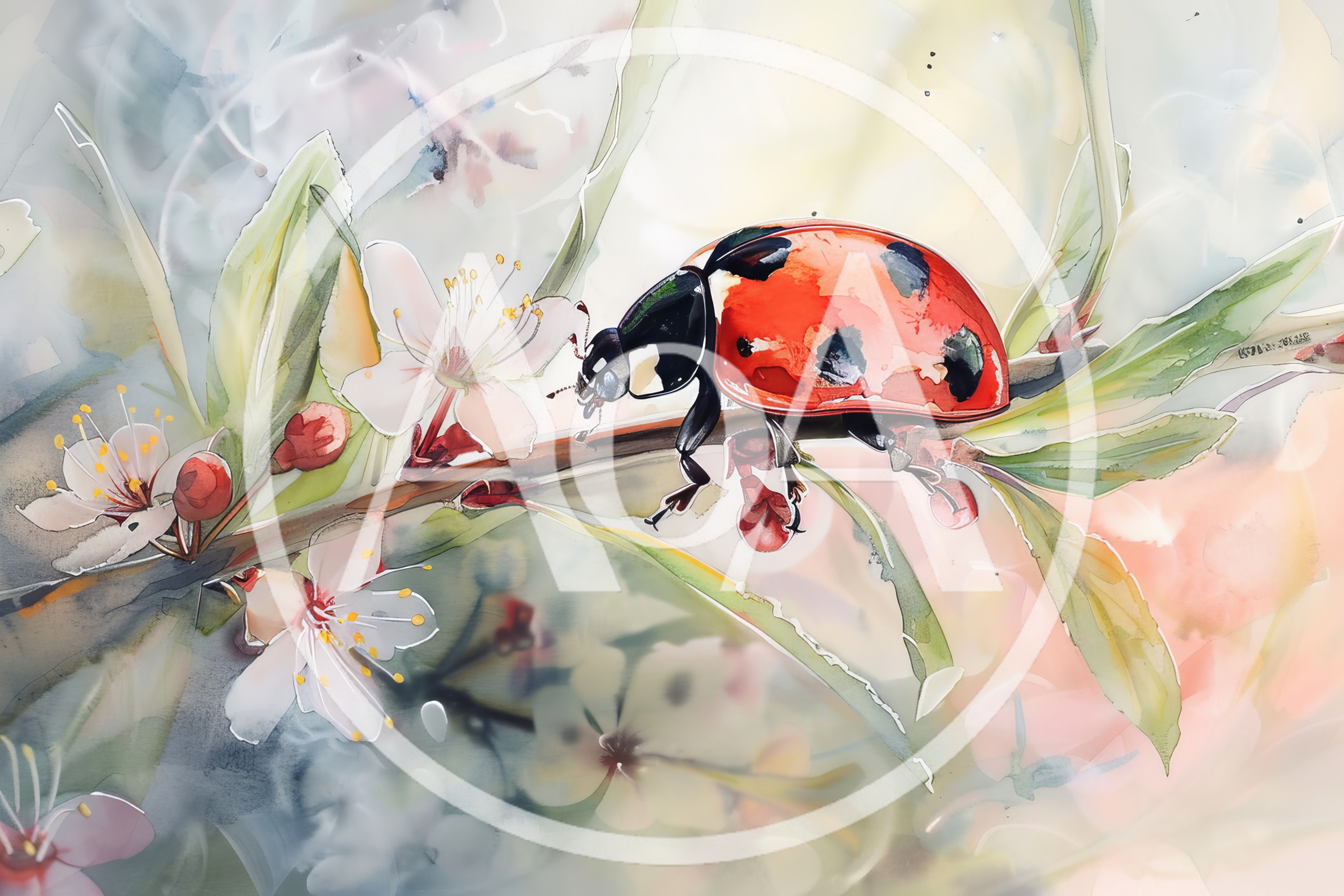 Watercolor Illustration Of A Ladybug On A Flowering Branch