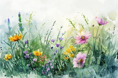 Watercolor Painting Of Wildflowers In A Meadow