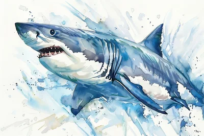 Watercolor Illustration Of A Great White Shark