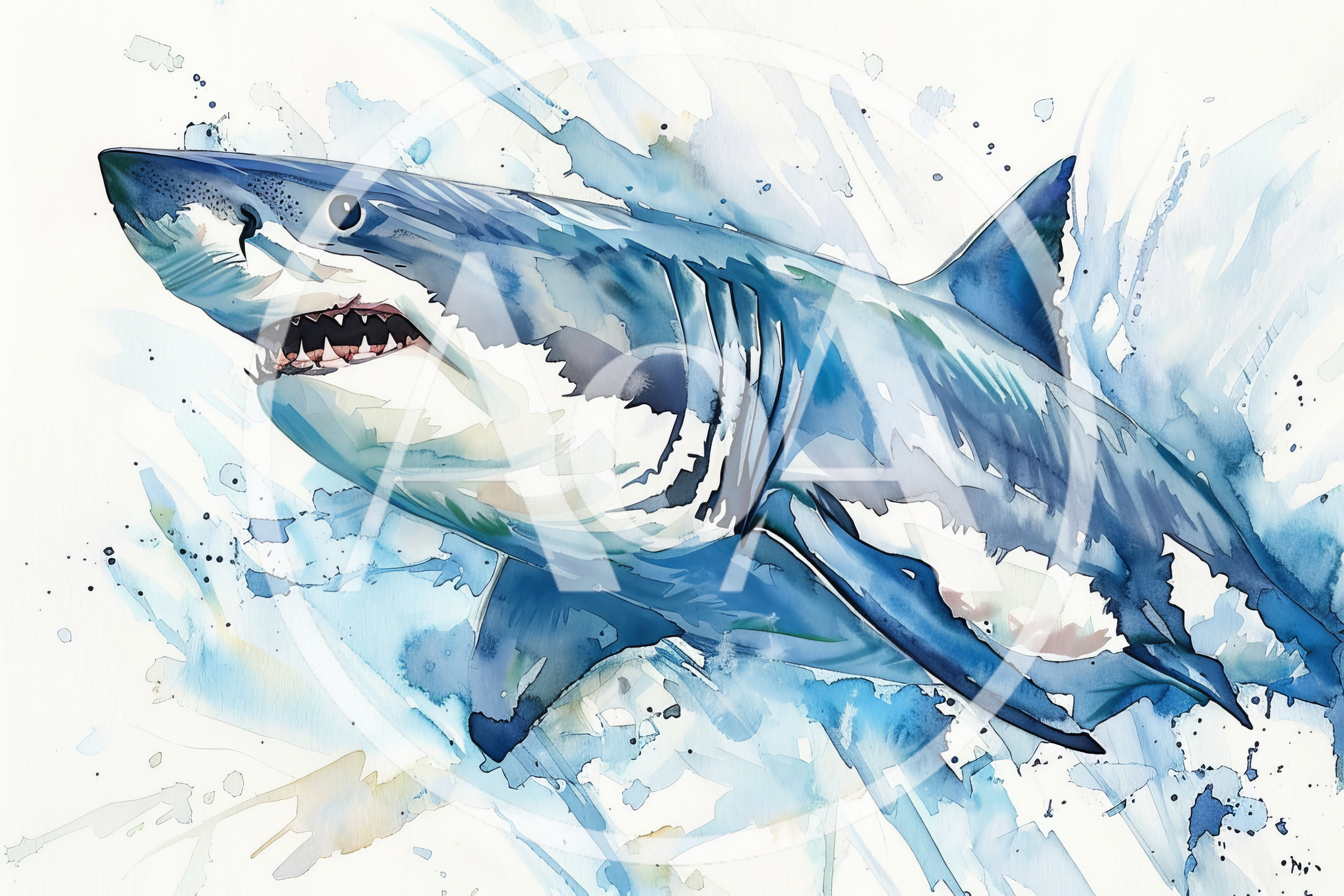 Watercolor Illustration Of A Great White Shark