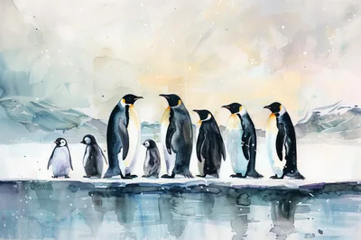Watercolor Illustration Of Emperor Penguins On Ice